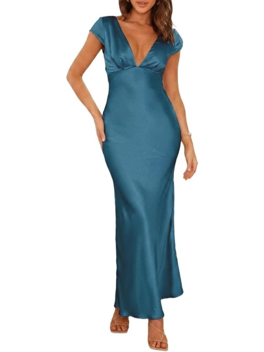 Women's Dark Blue Satin V Neck Cap Sleeve Backless Wedding Guest Midi Dresses